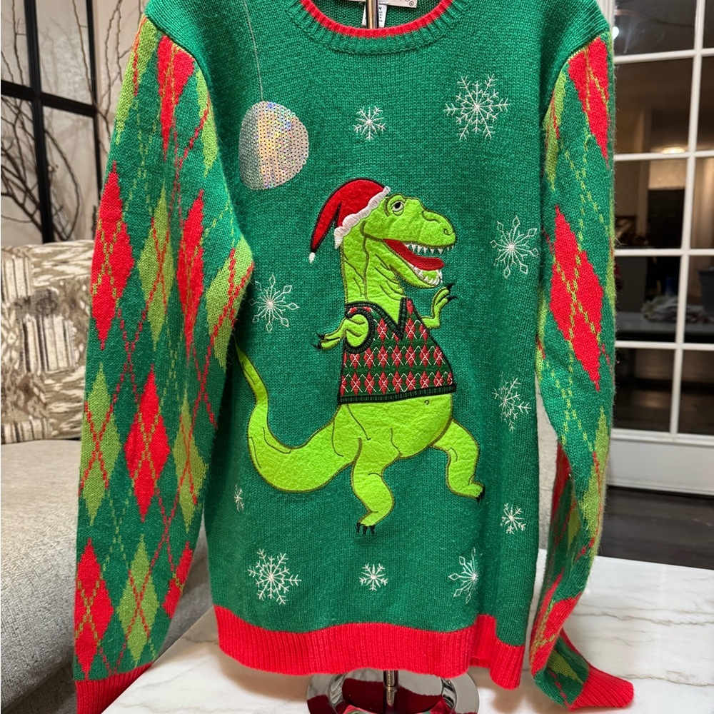 Festive Green Dinosaur Sweater for Men
